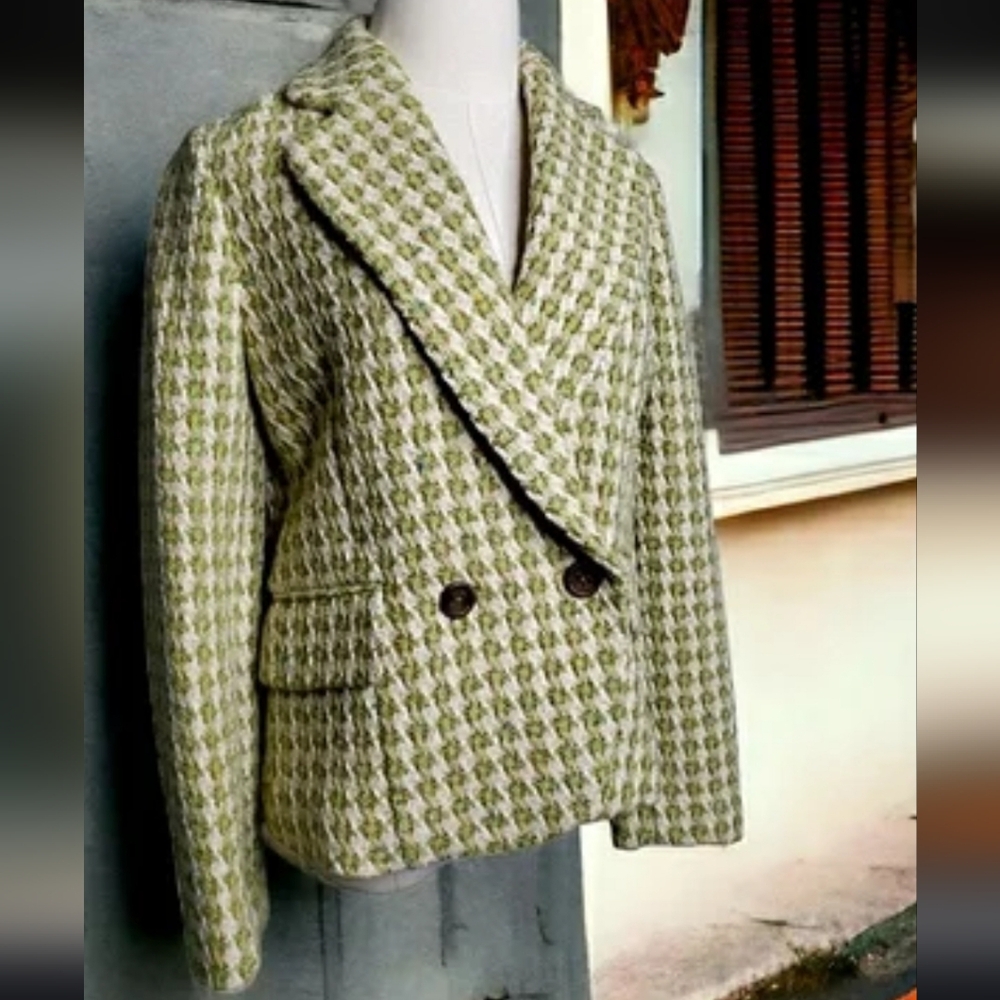 Banana Republic Nwot Doublebreast Green Houndstooth Structured Bucle Blazer